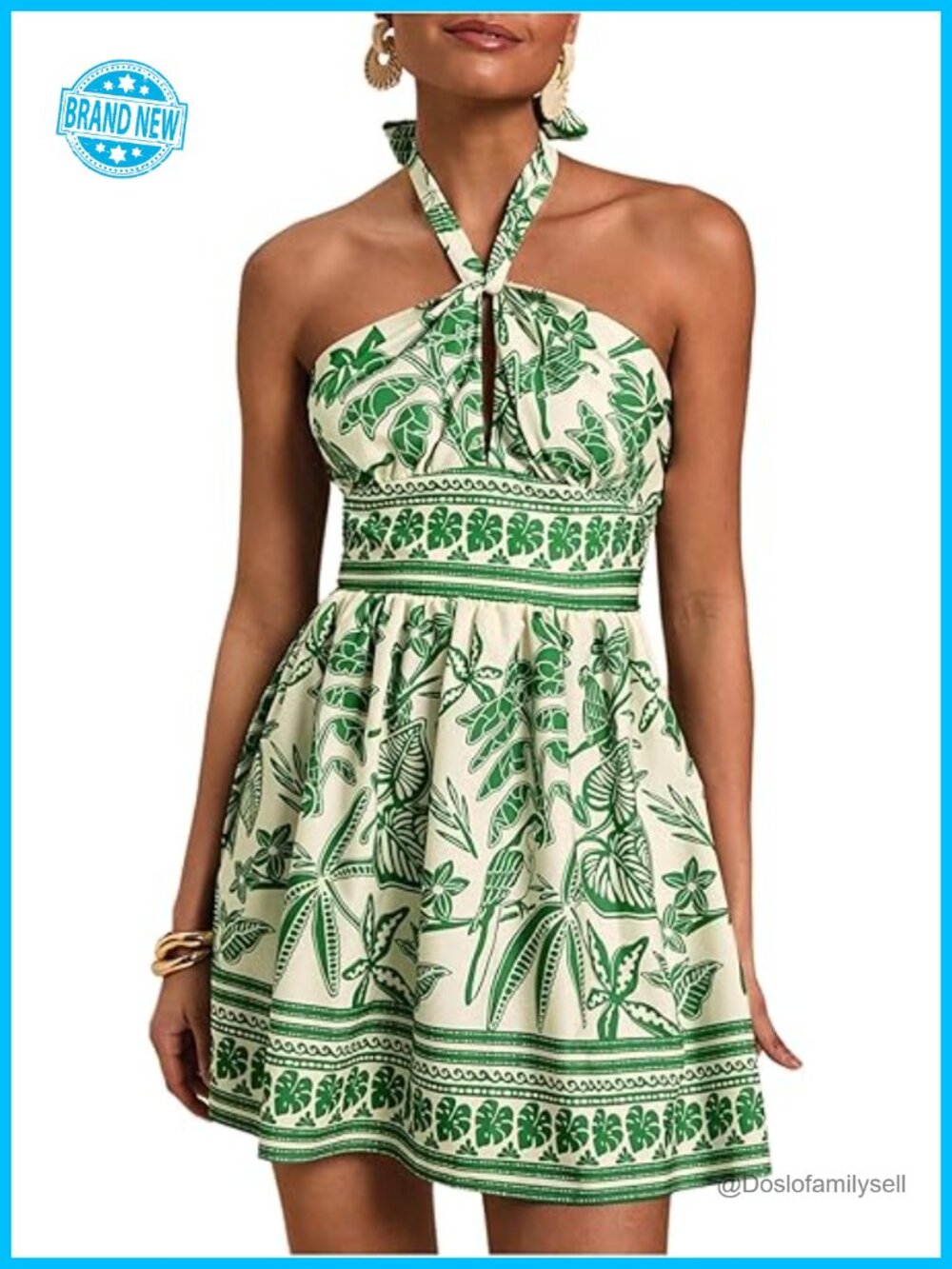 Tropical Halter Tie Backless Sundress Sleeveless A-Line Short Summer Dress